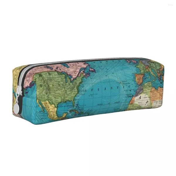 Estuche cuadrado con estampado de mapas Vintage The World 1897, caja de cuero Kawaii para adolescentes, bolsa para bolígrafos con cremallera para escuela primaria