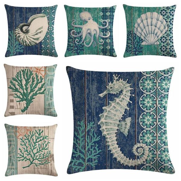 vintage marine housse de coussin corail seafan canapé chaise jeter taie d'oreiller cheval de mer cojines nautique almofada299u