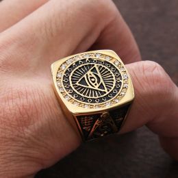 Vintage Mason Masonic Ring Crystal Mens Ring Punk Heavy Duty 14k Yellow Gold All Seeing Eye Ring Biker Sieraden Cadeau