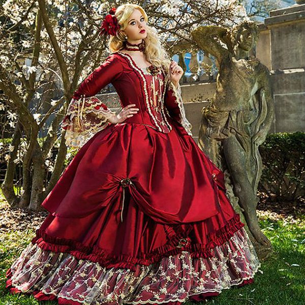 Robes de bal vintage médiévales bordeaux longueur au sol évasées col carré manches longues robes de mascarade pour femmes filles grande taille robe de bal tenue de soirée