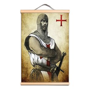 Vintage Middeleeuwse Crusader Warrior Stevige Muur Hangende Banner - Houten Rolschildering Muurkunst Decoratie Behang - Tempeliers Poster Wandgrafiek CD20