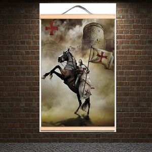 Papel tapiz Vintage de guerrero cruzado Medieval, obra de arte en lienzo, pintura en rollo de madera maciza, póster de caballeros templarios, Arte de la pared Decoración AB10