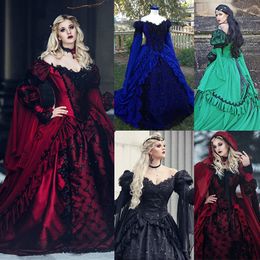 Vintage Middeleeuwse Renaissance Baljurk Trouwjurken Lange Mouwen Zwart Royal Blue Gothic Hollywood Masquerade Jurk voor vrouwen Ruffles Off Shoulder Vestidos