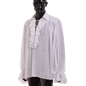 Vintage Middeleeuwse shirt Mannen Renaissance Schotse koloniale ruches Jabot dichter witte zwarte blouse lange mouw piraten shirts 210721