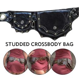 Vintage médiéval Steampunk PU cuir utilitaire ceinture femmes Fanny Pack riveté Double sac poche Sports de plein air taille sac 240110