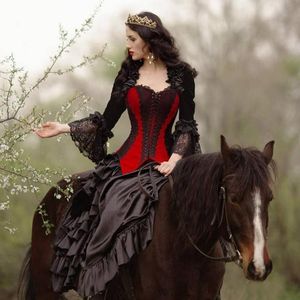 Vestidos de novia de princesa victoriana medieval vintage Una línea Vestido de mascarada con volantes negros y rojos góticos Vestidos de novia con corsé de primavera e invierno