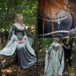 Robe de mariée médiévale vintage romantique a-ligne fantaisie robe elfique fée manches longues corset gothique robes de mariée argent gris velours mascarade Hollywood robe