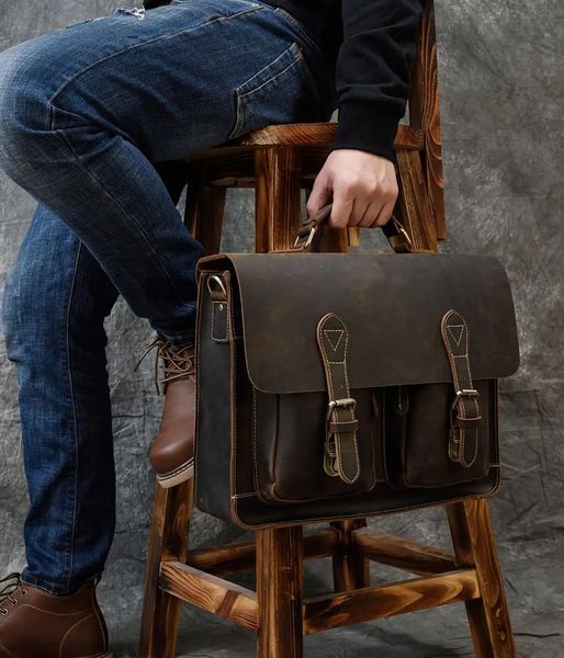 Vintage Men Incline Crazy Horse Geatine Leather Man Homme Mâle Male Male Sac à main grand épaule Messager Portefeuille Bag Anchue de rentabilisation 240418