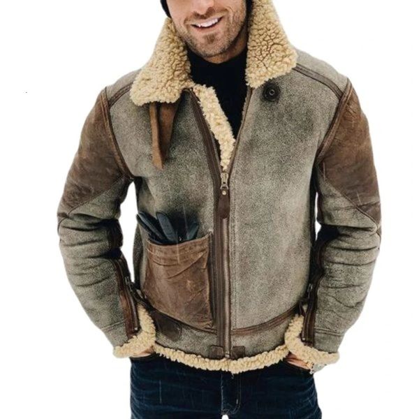 Vintage hommes Faux daim peluche veste fourrure intégré manteau épaissi fermeture éclair redingote Bomber moto vêtements 240115