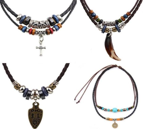 Hombres de la vendimia Collares pendientes tejidos de cuero genuino Cuentas de turquesa Cadena Elefante Media luna india Collar de moda sudamericana30362032646