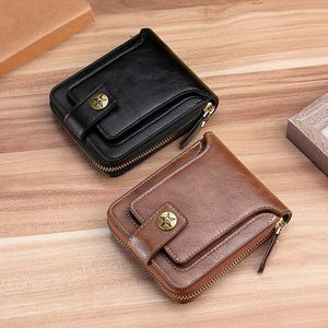 Petit portefeuille Vintage en cuir Pu pour hommes, court, fermeture éclair horizontale, boucle, poche pour pièces de monnaie, étui pour cartes à trois volets