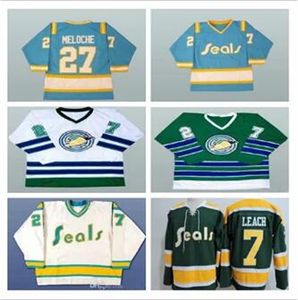 Vintage hombres 1970 CALIFORNIA GOLDEN SEALS 27 GILLES MELOCHE 7 REGGIE LEACH Jersey cosido blanco azul verde amarillo alternativo S-5XL personalizado cualquier nombre