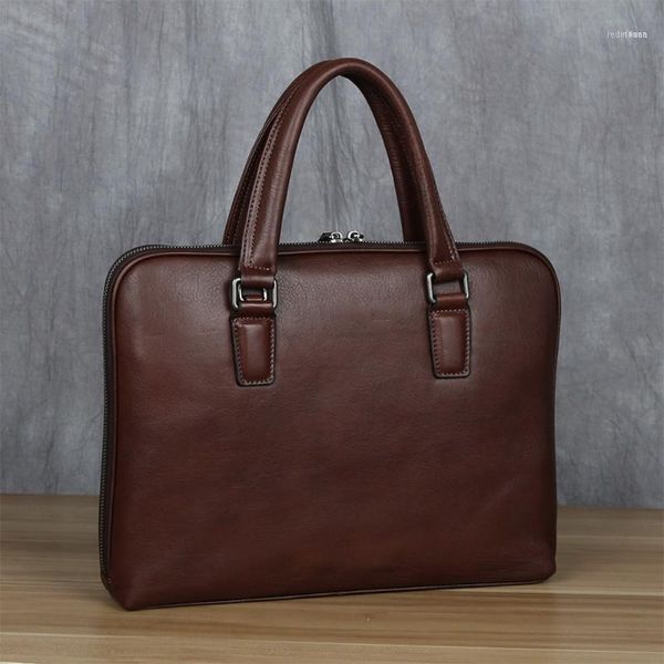 Maletín Vintage para hombre, bolso informal Original de cuero genuino, bolso de hombro de negocios para hombre, marrón para ordenador portátil de 14 pulgadas NUPUGOO1