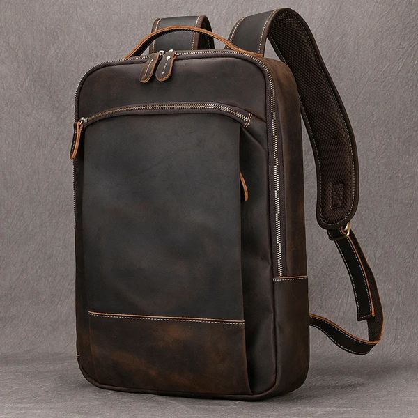 Mochila Vintage de cuero Crazy Horse para hombre, mochila Retro de cuero genuino, bolso grande clásico de viaje para ordenador portátil 240108