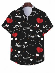 Chemise pour hommes vintage pour hommes Lettre d'amour 3D Imprimer Tops à manches courtes Été Casual Vêtements surdimensionnés Saint Valentin Cadeau Tops Z2hw #