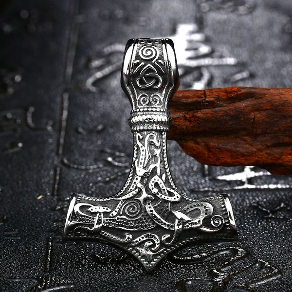 Collar con colgante de acero inoxidable para hombre Vintage grabado martillo vikingo Mjolnir joyería nórdica