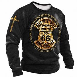 vintage heren T-shirt Cott Lg-mouwen Tops 3D-geprint Route 66 Biker Sweatshirt O Neck Oversized motorfiets streetwear 3xl H5pd #