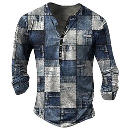 T-shirt vintage pour hommes T-shirts graphiques T-shirts en coton Ligne géométrique Imprimé en 3D Chemise Henley à manches longues Surdimensionné Vêtements pour hommes Tops 240106