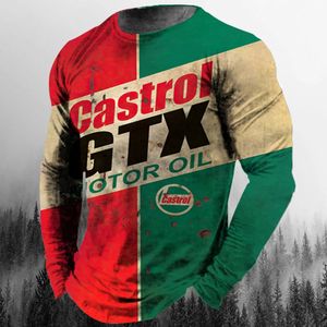 T-shirt vintage pour hommes à manches longues en coton Top Tees Castrol Oil Graphic 3D Print Motorcycle Tshirt Surdimensionné Loose Biker Vêtements 240123