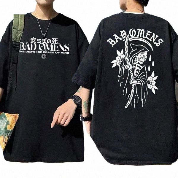 Camiseta vintage para hombre, banda de rock, Bad Omens Tour, camisetas con estampado de música estadounidense, camiseta con gráficos de esqueleto de la muerte de la paz mental l75s #