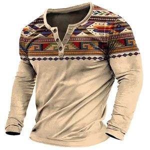 Vintage Heren T-shirts 3D Henley Shirt Tee Grafische T-shirts met lange mouwen V-hals Katoen Button-down Oversized Mannelijke T-shirt Pullover 240106