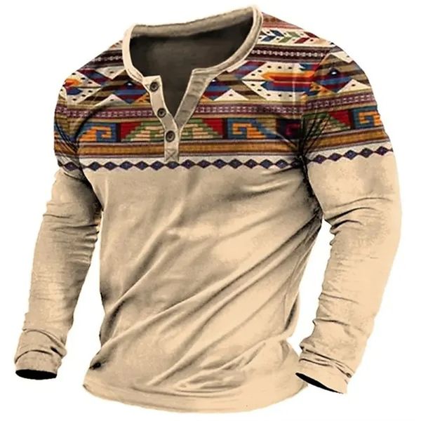 Vintage hommes t-shirts 3d Henley chemise t-shirt graphique à manches longues t-shirts col en V coton boutonné surdimensionné mâle t-shirt pull 240115