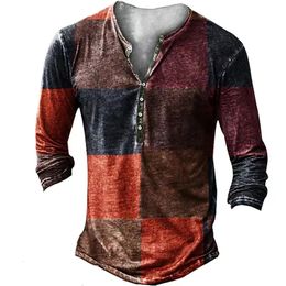 T-shirts vintage pour hommes avec bouton motif ethnique imprimé printemps automne lâche col rond à manches longues t-shirts surdimensionnés vêtements masculins 240106