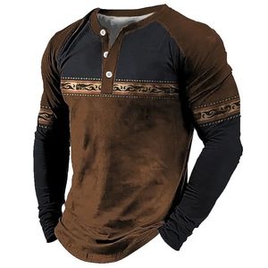 T-shirt Vintage pour hommes, en coton, bloc de couleurs, graphique bohème, imprimé, manches longues, chemise Henley, surdimensionné, vêtements pour hommes, hauts 240118