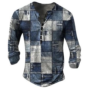 T-shirt vintage pour hommes T-shirts graphiques T-shirts en coton Ligne géométrique Imprimé en 3D Chemise Henley à manches longues Surdimensionné Vêtements pour hommes Tops 240123