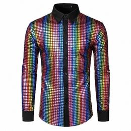 Chemise vintage à paillettes brillantes pour homme, ample, simple boutonnage, automne-hiver, Club, danse, Disco, Performance sur scène, T0AI #