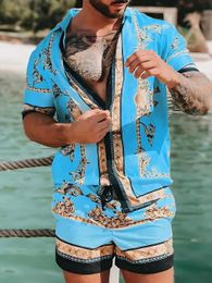 Vintage hommes chemises ensembles été cheval d'or imprimé plage à manches courtes chemise Shorts voyage décontracté hommes hawaïen 2 pièces costume S-5XL 240102