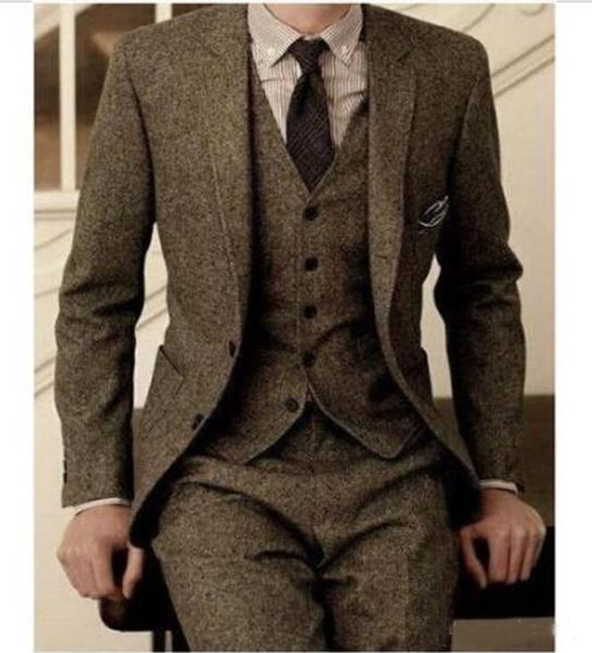 Trajes Vintage para hombre, esmoquin de lana Tweed, traje de espiguilla marrón de 3 piezas, ropa de novio ajustada personalizada, esmoquin de boda 255A