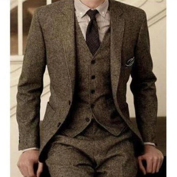Trajes de hombre Vintage esmoquin lana Tweed 3 piezas traje de espiga marrón personalizado Slim Fit novio desgaste boda Tuxedos274u