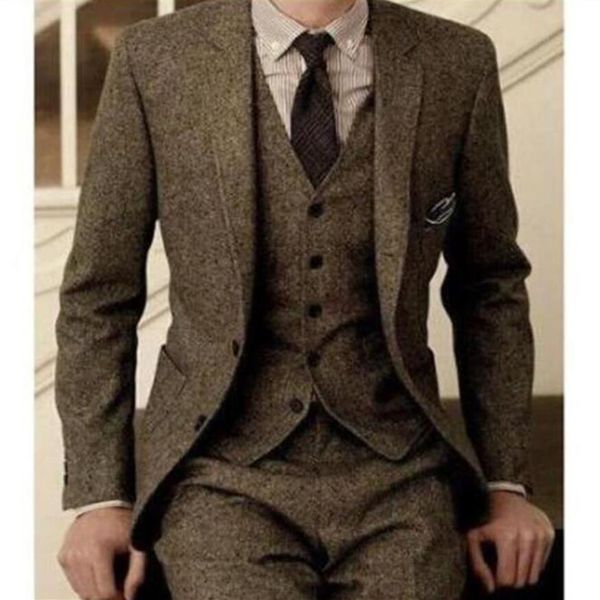 Trajes de hombre vintage Esmoquin Tweed de lana Traje de espiga marrón de 3 piezas Traje de novio personalizado Slim Fit Boda Tuxedos214s