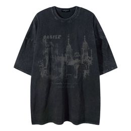 Vintage Mannen T-shirt Streetwear Hip Hop Kasteel Grafische Print Gewassen T-shirt 2023 Harajuku Mode Zomer Casual Losse Top Zwart