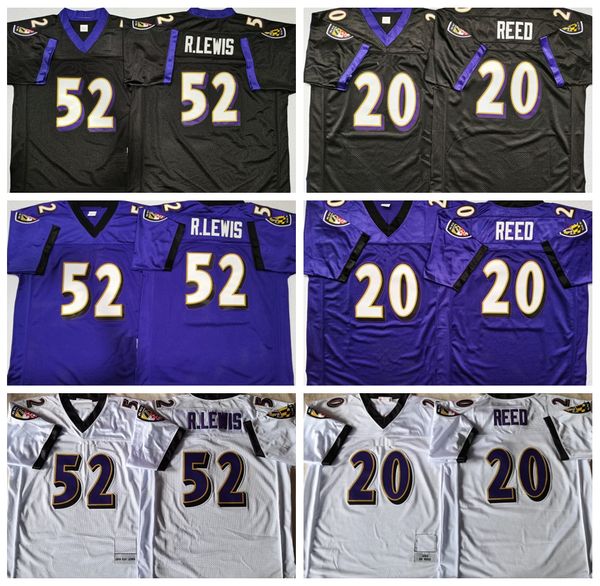 Vintage 2000 Hommes 52 Ray Lewis 20 Ed Reed Football Maillots Violet Blanc Noir Cousu Chemises