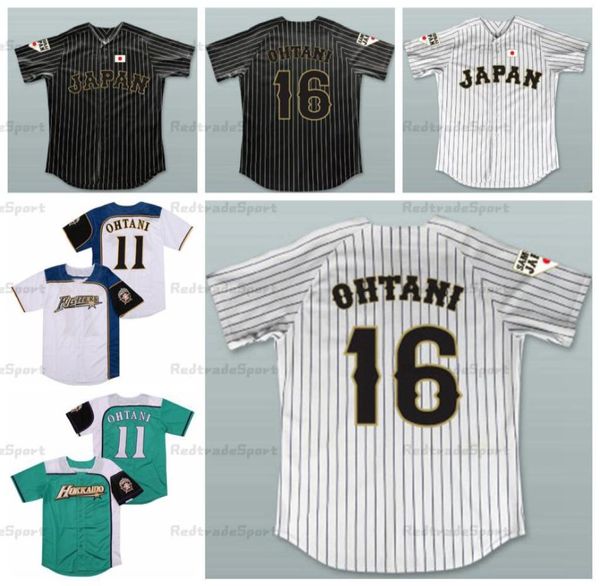 Vintage Mens Shohei Ohtani 16 Japon Samurai Pinstriped Baseball Jerseys Blanc Black 11 Hokkaido Nippon Ham Fighters Cousted Jers7501360