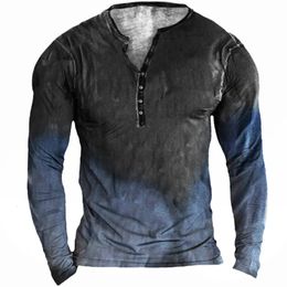 Vintage hommes t-shirt coton chemise Simple graphique t-shirts 3D imprimé col en v à manches longues Henley surdimensionné homme vêtements haut 240226