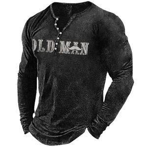 Vintage Heren Tshirt OUDE MANNEN Brief Grafische T-shirts Katoen 3D Print Lange Mouw Tees Henley Shirt Oversized Man Kleding Tops 240226