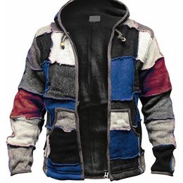 Vintage Mens Winter Warm Gebreide Jacket Streetwear Herfst Fashion Patchwork Hoodies Casual Losse Lange Mouwen Hooded Jassen