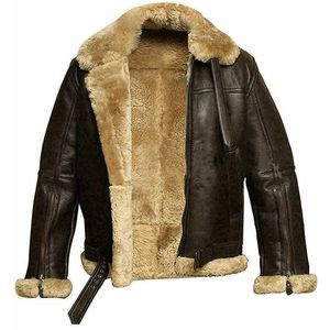 Veste en cuir épais avec boucle de ceinture à revers et bordure en fourrure pour homme, vêtement Vintage, épais, noir, fermeture éclair