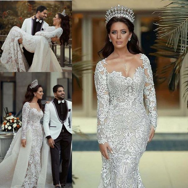 Sirena vintage 2020 Vestidos de novia con tren desmontable Perlas de encaje de manga larga Princesa Vestidos de novia Tallas grandes Dubai Vestidos De Novia