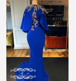 Vintage Zeemeermin Koningsblauw Avondjurken Met Mantel Cape Gouden Kralen 2019 Arabisch Dubai Vrouwen Designer Lange Galajurk Feestjurken9473590