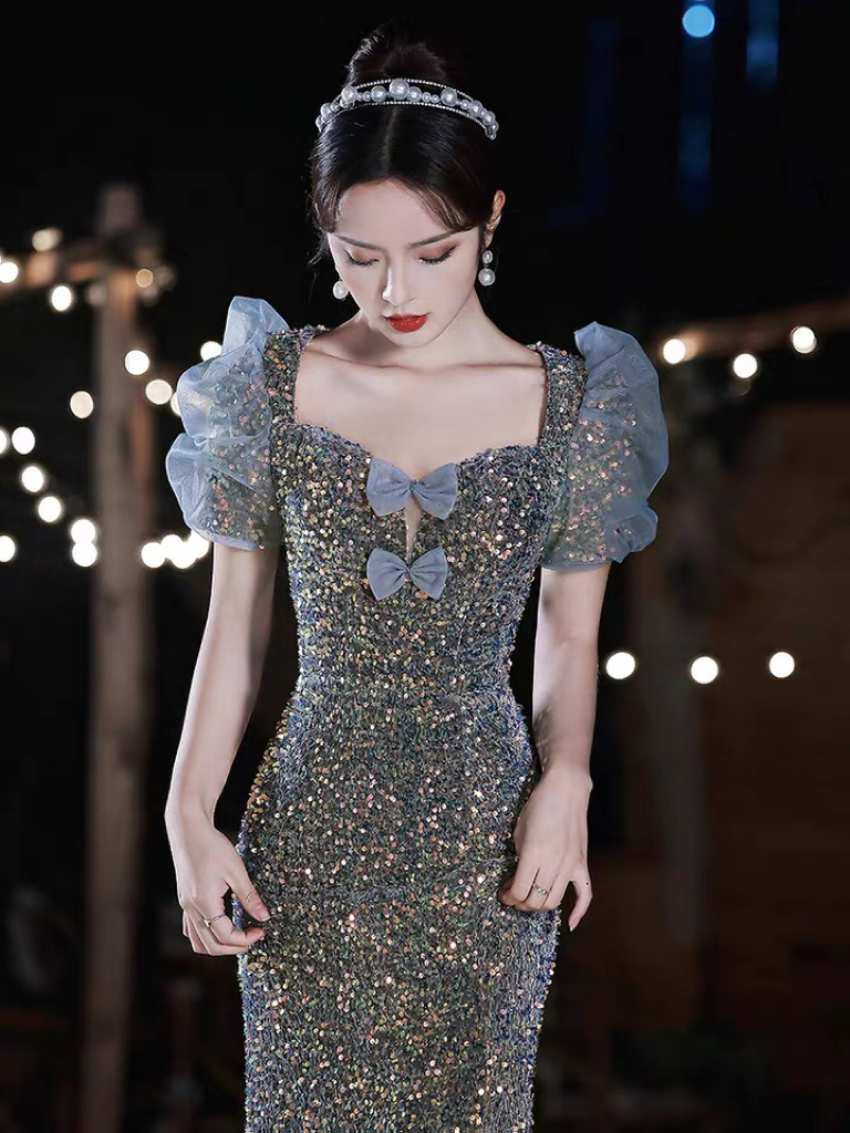 Vintage Mermaid Sequin Celebrity Dresses Square Collar Puff Sleeves Sweet Bow Colorful Evening Gown Women Birthday Party Clothing