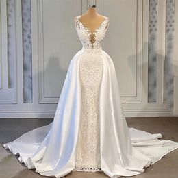 Robes de mariée sirène Vintage Appliques de dentelle perles robe de mariée sur mesure blanc avec des robes de mariée de train détachables