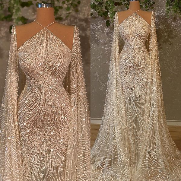 Vestidos de novia de sirena vintage, lentejuelas de perlas, vestidos de novia con cuello cruzado y cuentas, vestidos de novia transparentes con capa, hechos a medida