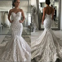 Robes de mariée sirène Vintage chérie dentelle Appliques sans manches balayage Train dos ouvert grande taille robes de mariée formelles