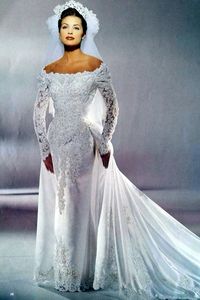 Vintage zeemeermin trouwjurken met afneembare treinboothek lange mouwen bruidsjurk kanten appliques prachtige bruid jurk