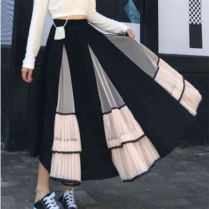 Vintage maille gothique noir jupe longue mode femmes lolita élastique taille haute patchwork vêtements décontractés streetwear 210421
