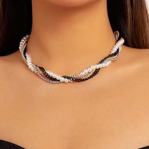 Collier clavicule enveloppé multicouche en métal Vintage pour femmes, mélange Simple de couleurs, Imitation de perles douces, bijoux à la mode pour filles